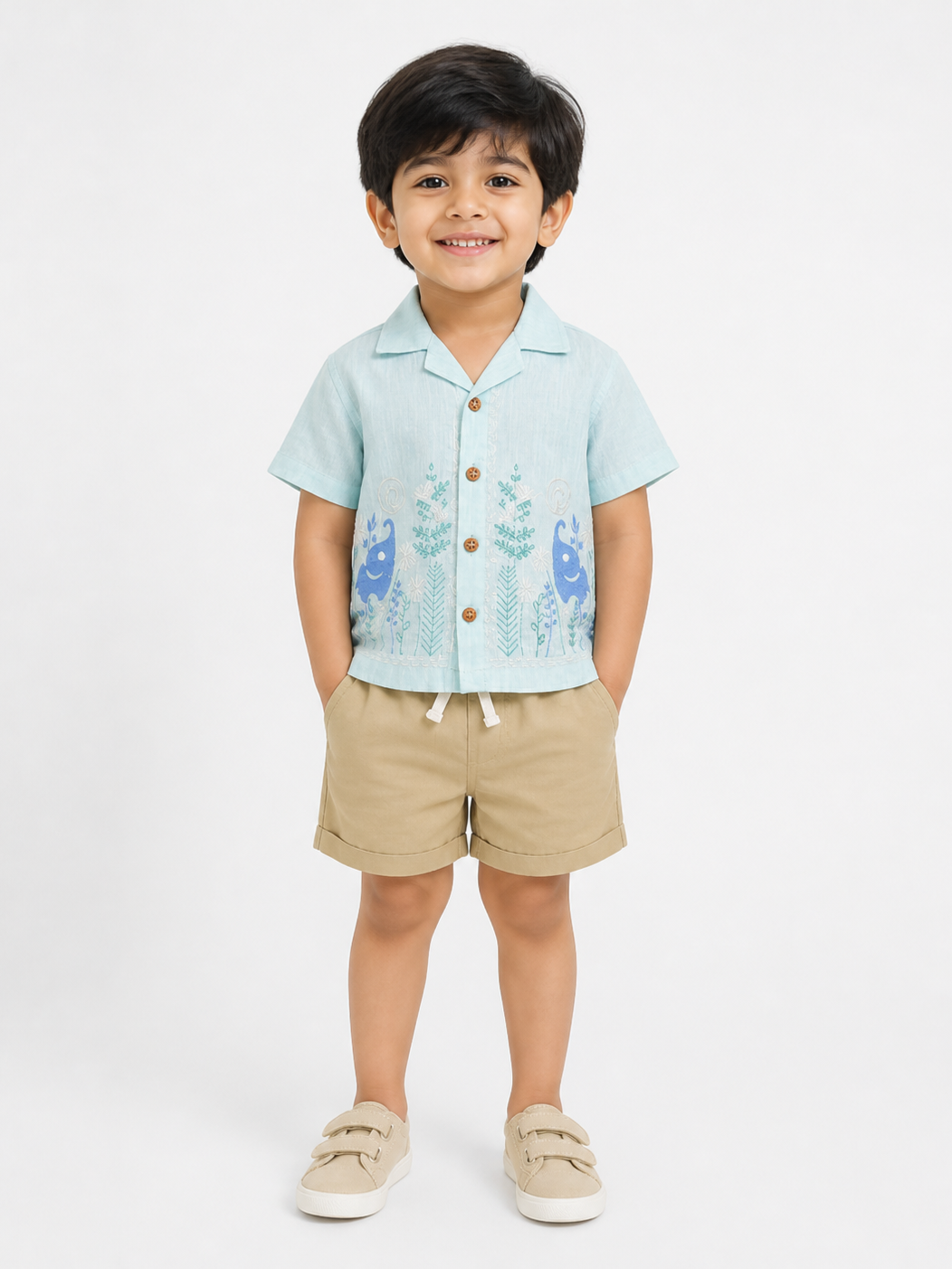Hopebow Aqua Tide cotton shirt and beige shorts boys co-ord set