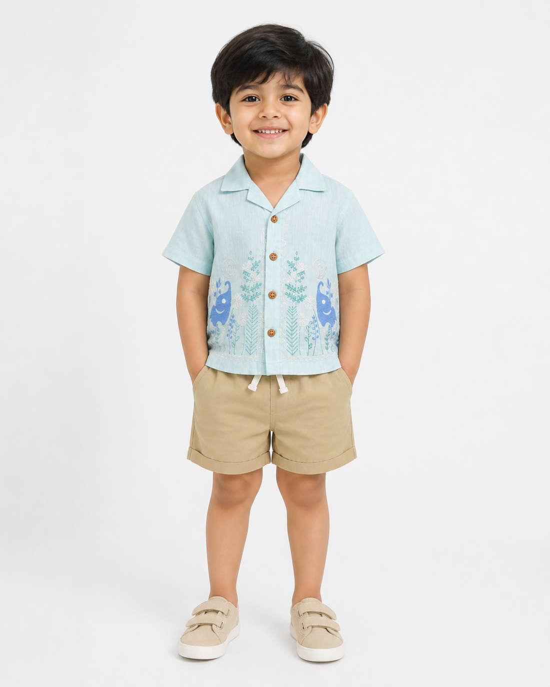 Boys co ord set with aqua printed shirt and beige shorts