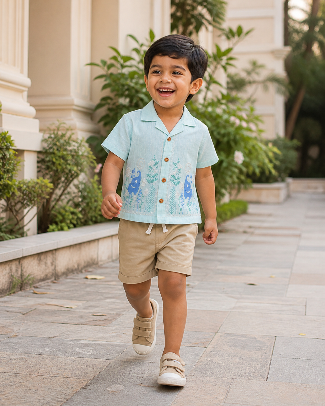Boys co ord set with aqua printed shirt and beige shorts