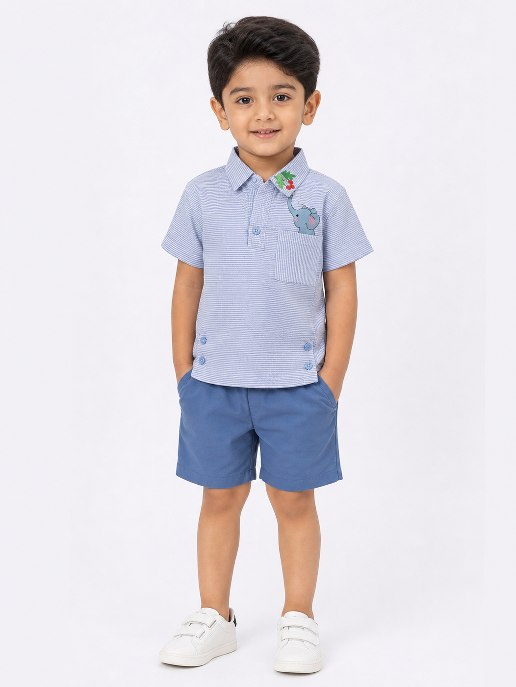 Hopebow Soft Blue Stripe cotton shirt and shorts boys co-ord