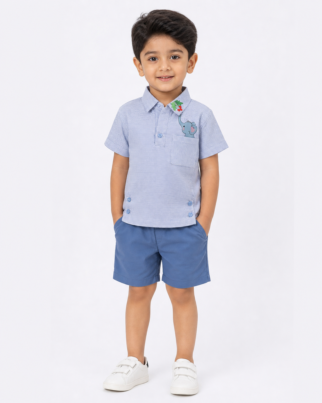 Hopebow Soft Blue Stripe cotton shirt and shorts boys co-ord