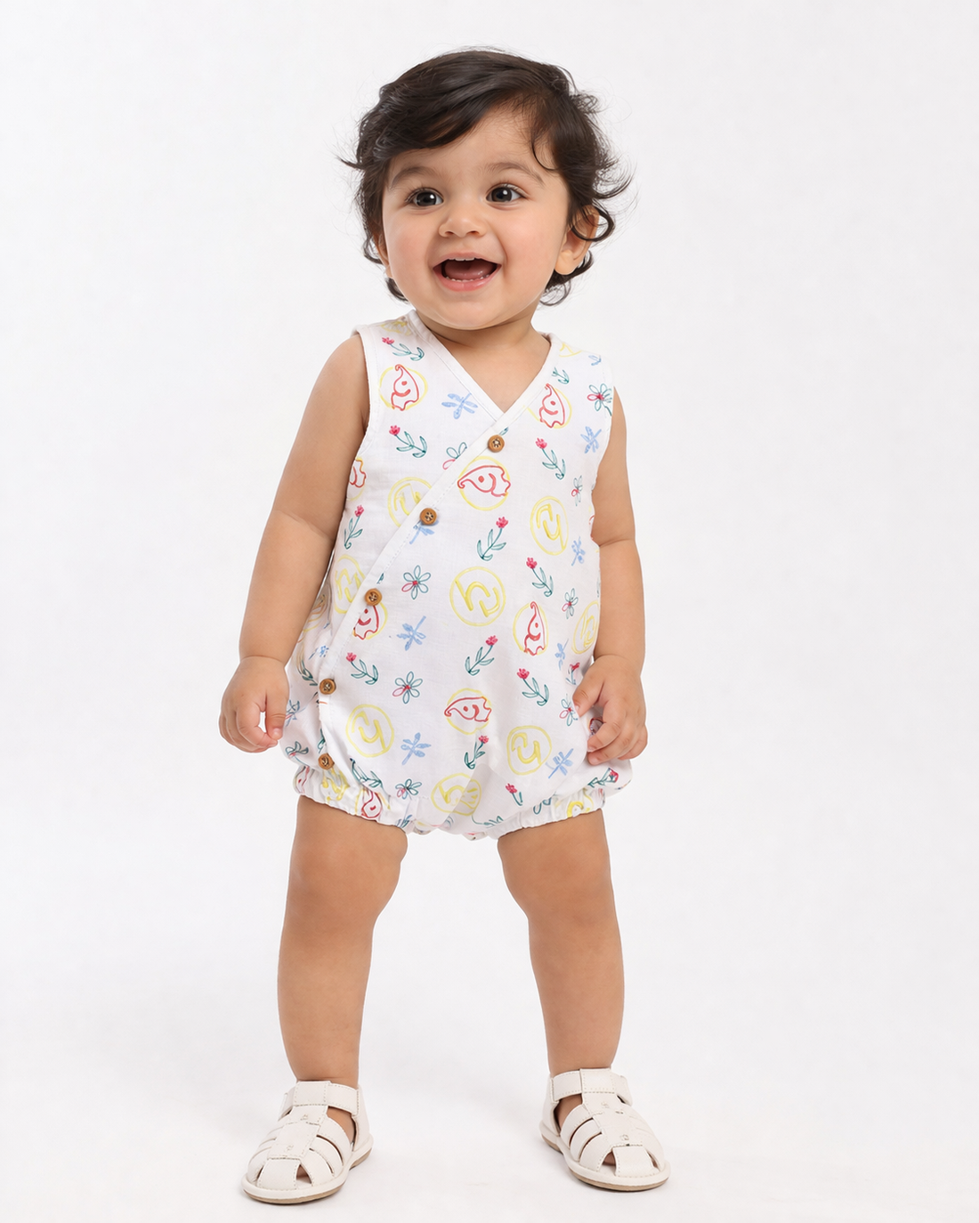 Premium white printed baby romper with matching bib