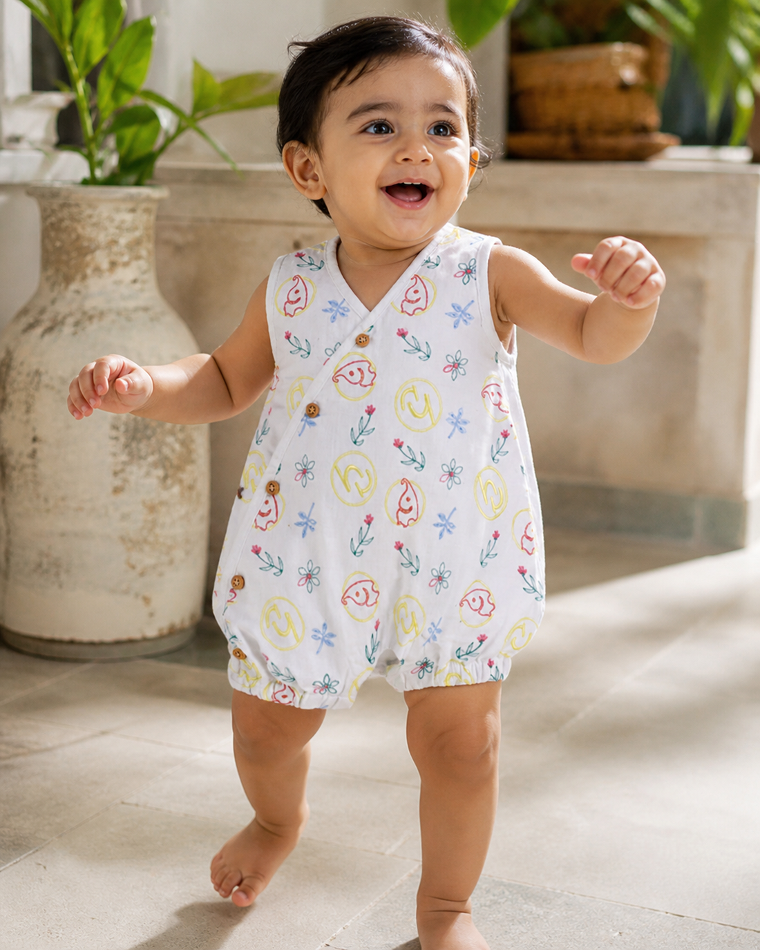 Premium white printed baby romper with matching bib