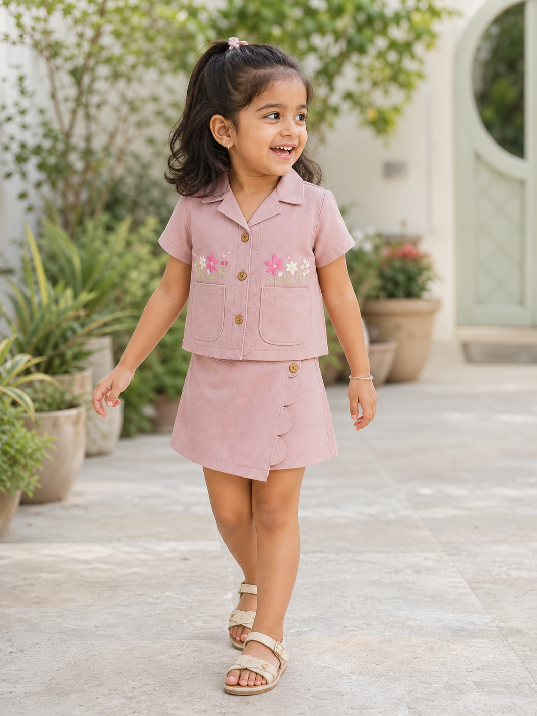 Girl wearing Hopebow blush shirt and skirt set with floral embroidery