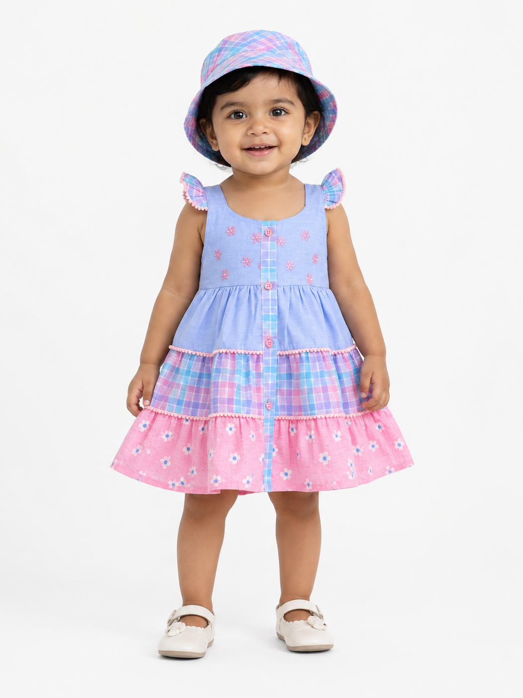 Hopebow Pastel Bloom baby girl frock with matching bucket hat