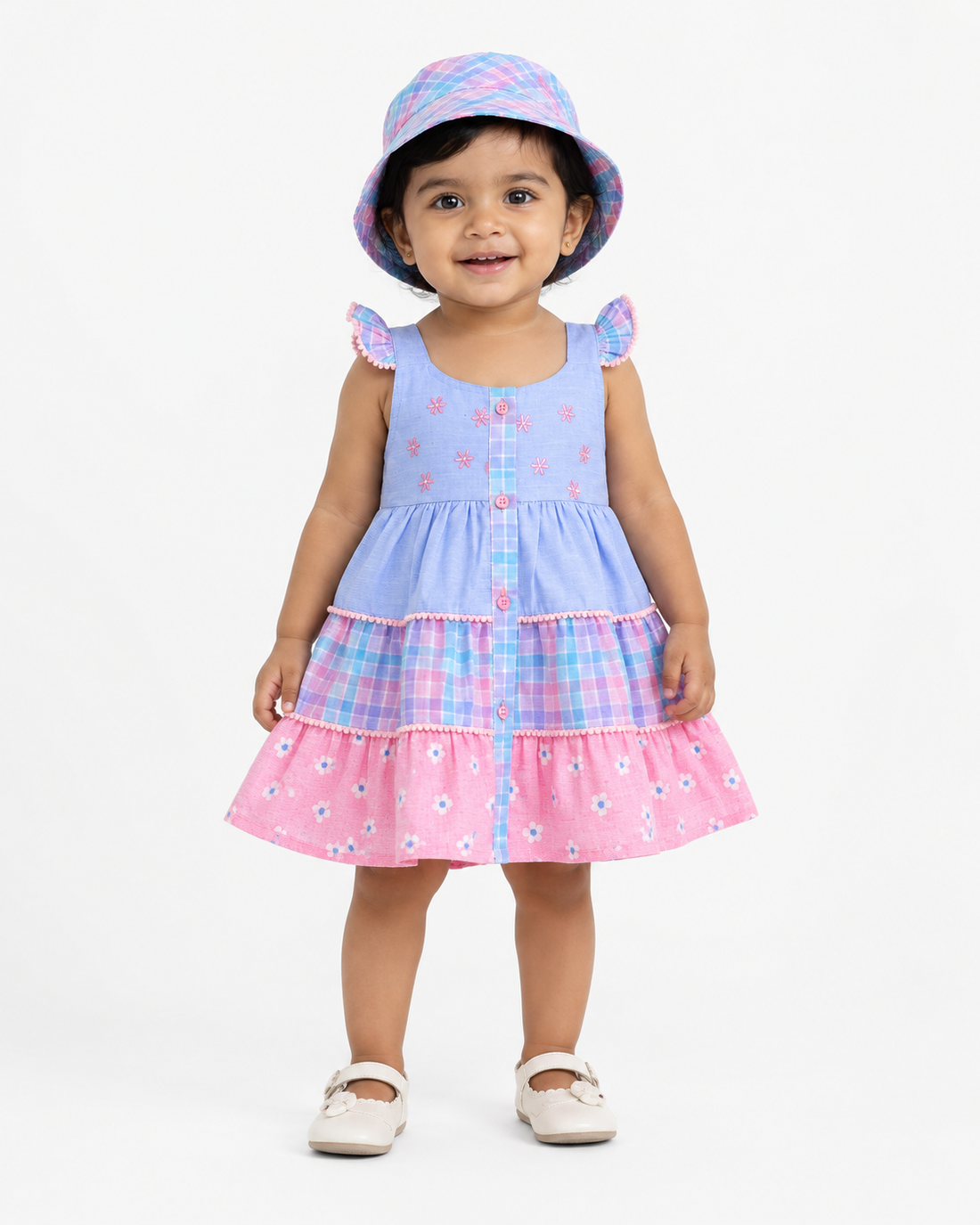 Hopebow Pastel Bloom baby girl frock with matching bucket hat