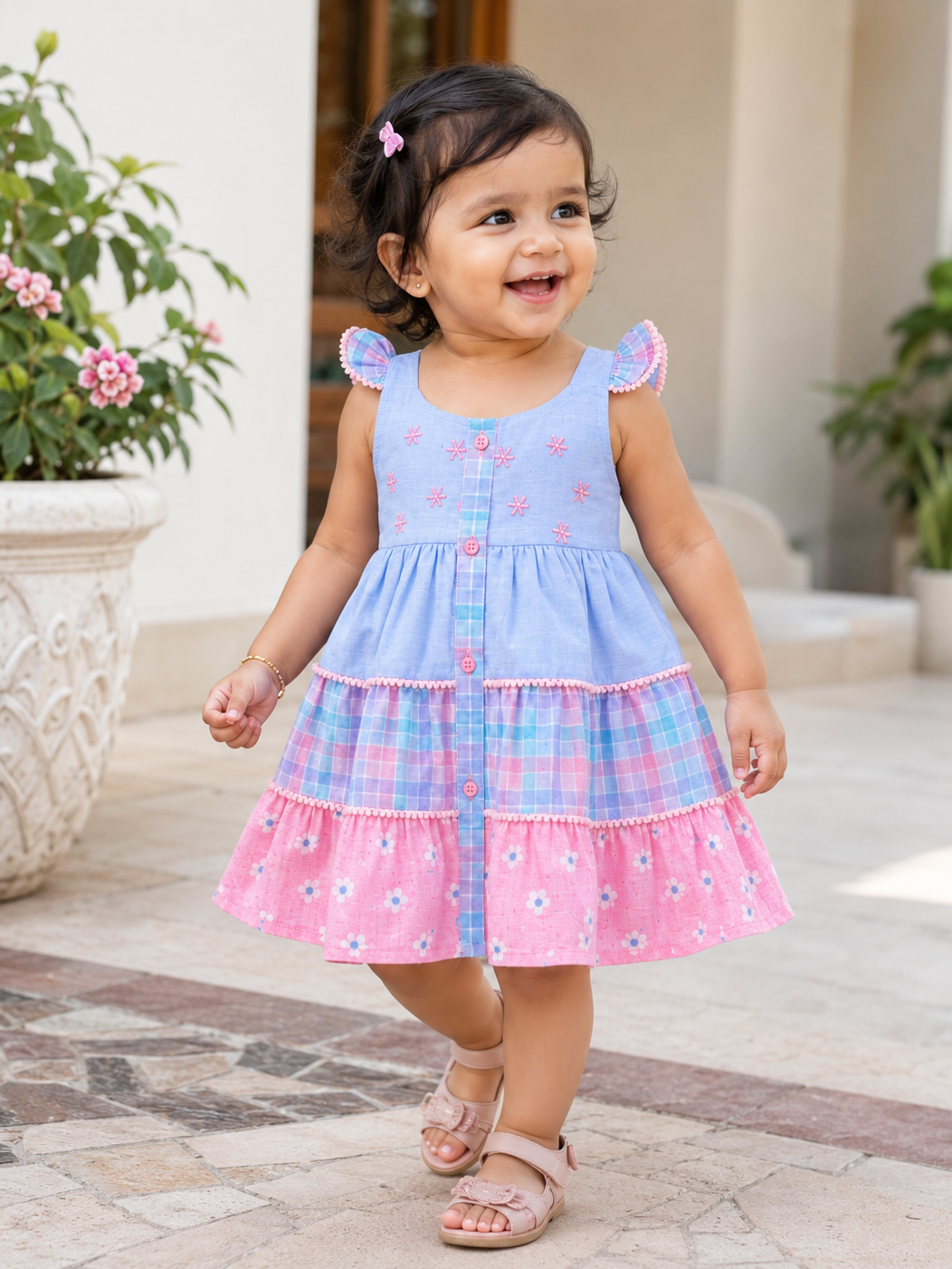 Baby girl wearing Hopebow pastel blue frock with checked skirt