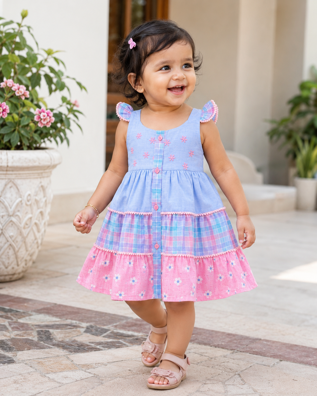 Hopebow Pastel Bloom baby girl frock with matching bucket hat
