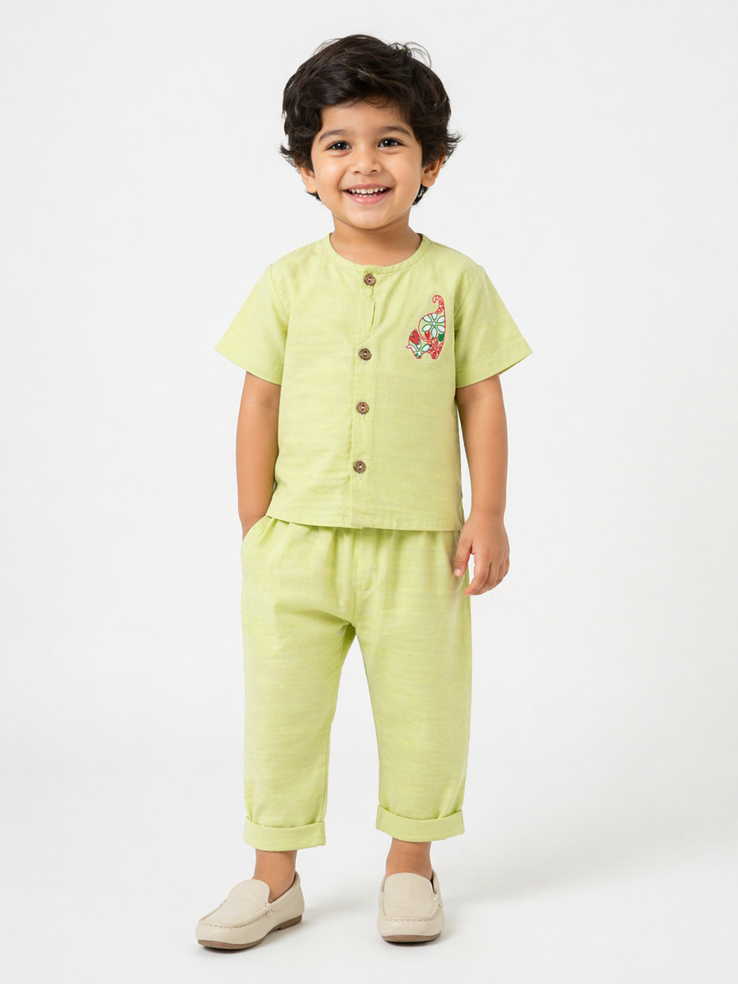 Hopebow Pastel Green cotton boys co-ord shirt and shorts