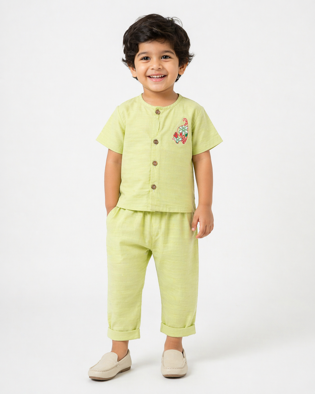 Hopebow Pastel Green cotton boys co-ord shirt and shorts