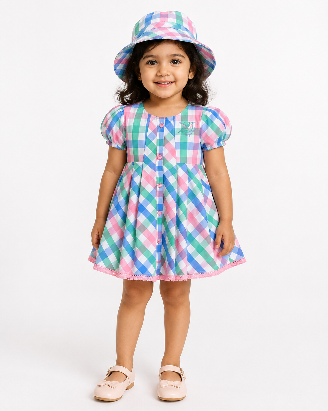 Hopebow Pastel Check baby girl frock with matching bucket hat