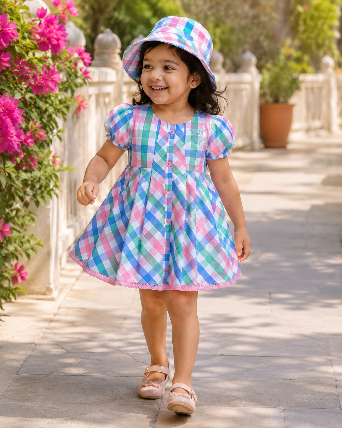 Hopebow Pastel Check baby girl frock with matching bucket hat