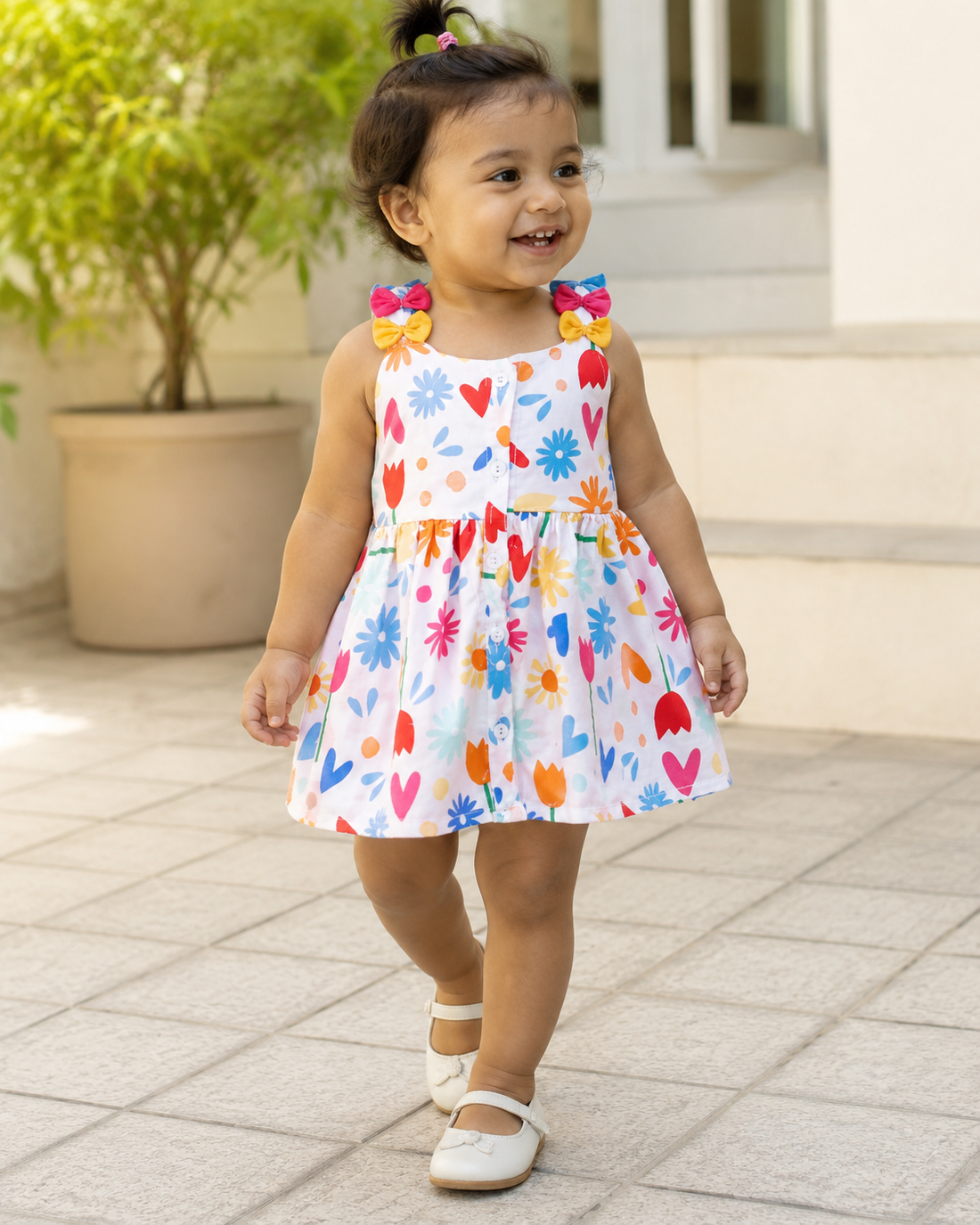 Baby girl printed frock with multicolor floral design and bow straps