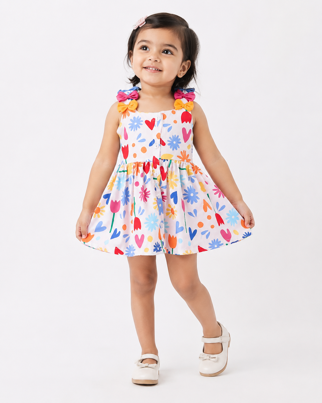 Baby girl printed frock with multicolor floral design and bow straps