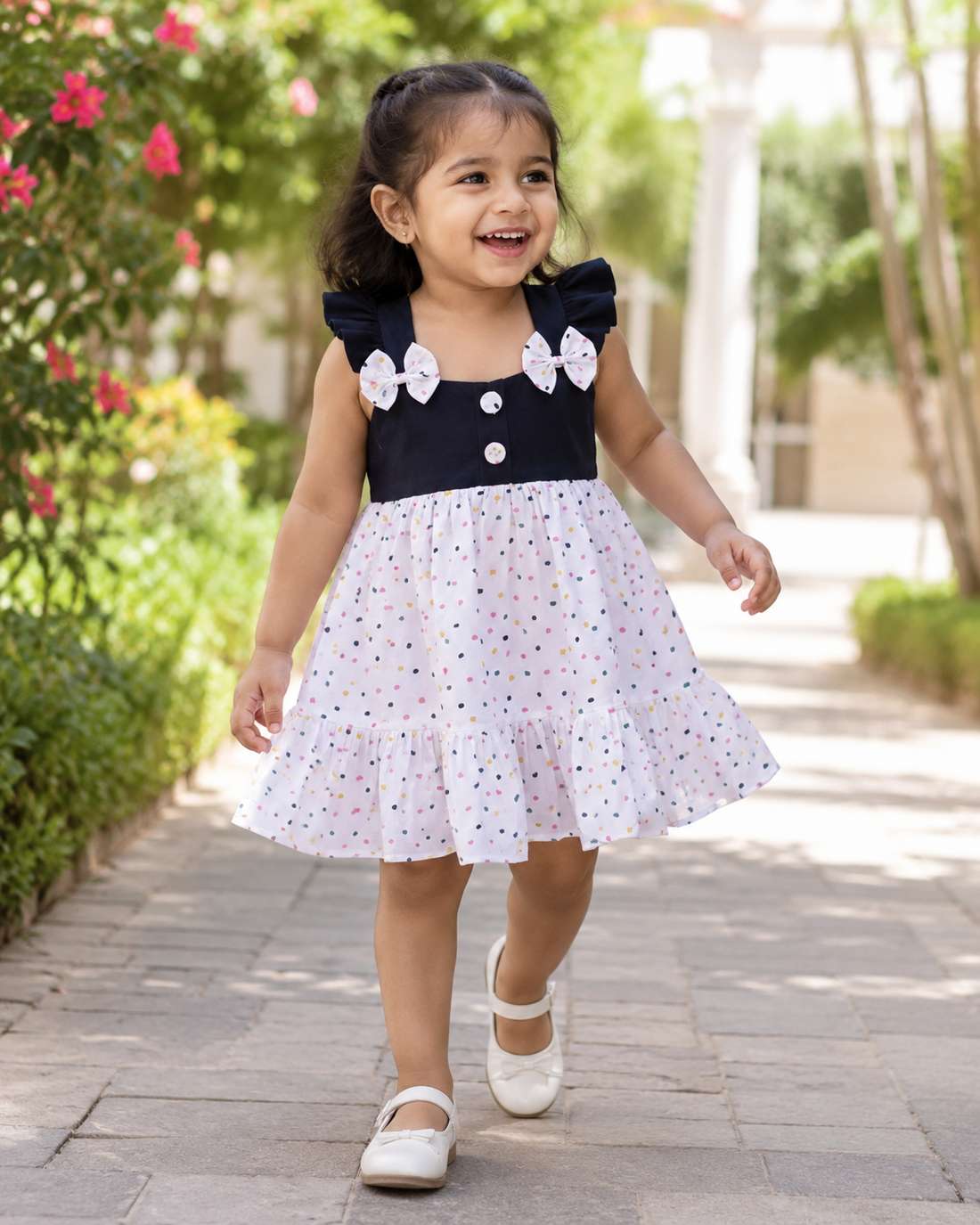 Premium girls frock dress with black bodice and white bow details
