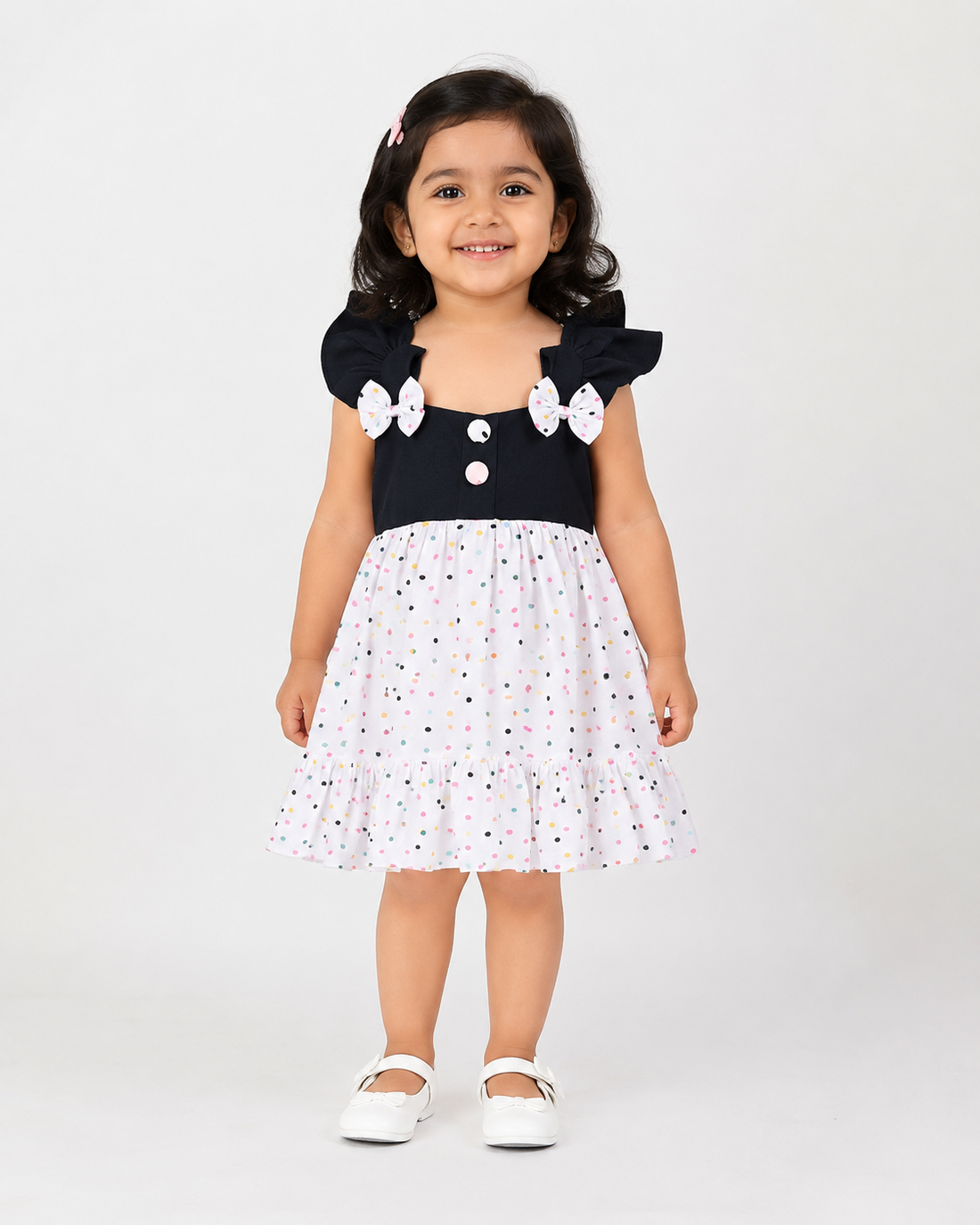 Premium girls frock dress with black bodice and white bow details