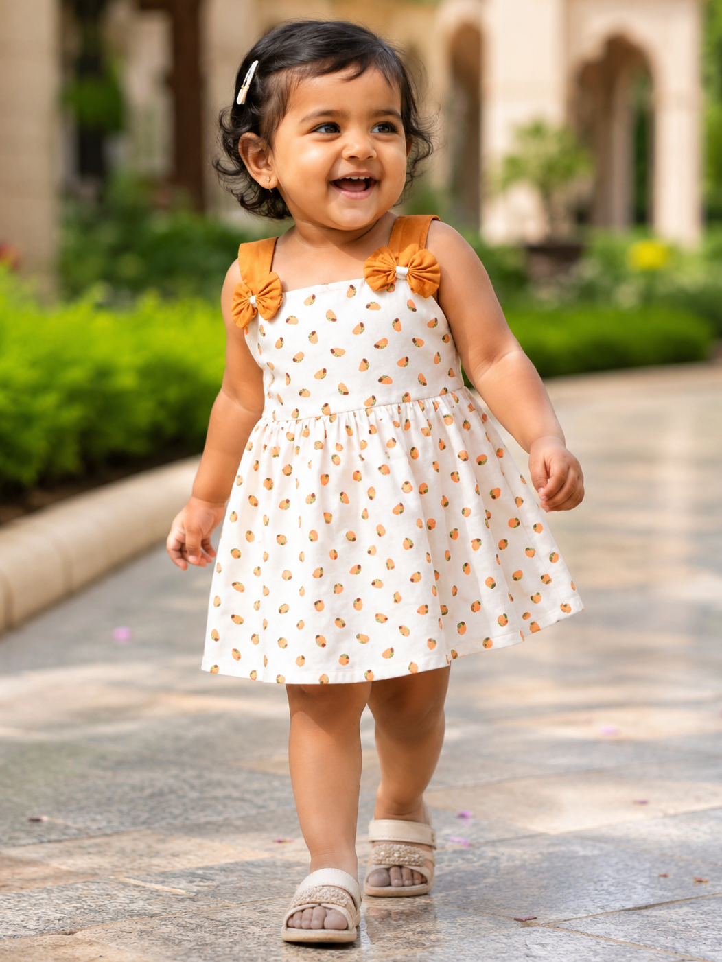 Baby girl wearing Hopebow Aarohi leaf print frock