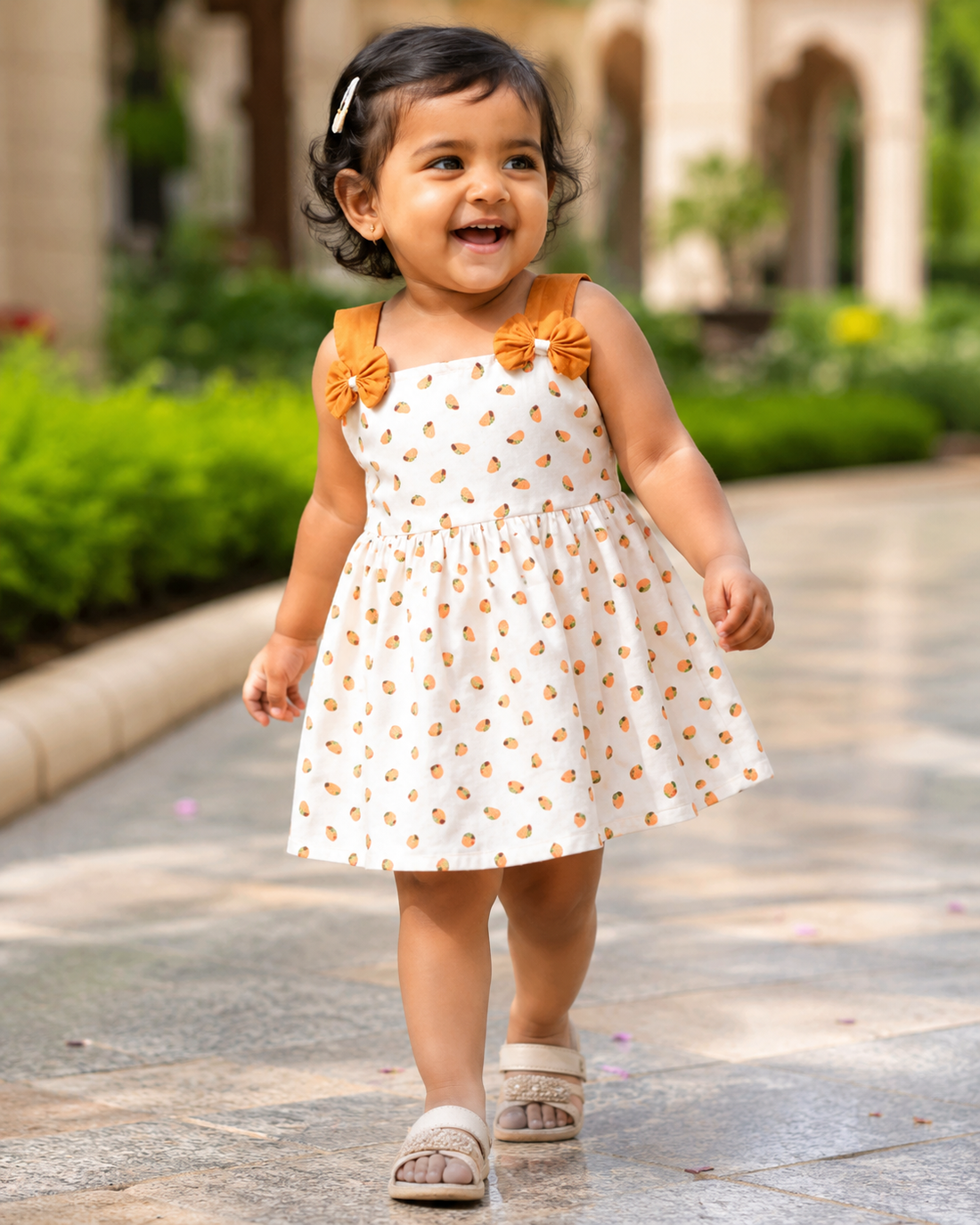 Hopebow Aarohi Leaf cotton baby frock with matching sling bag