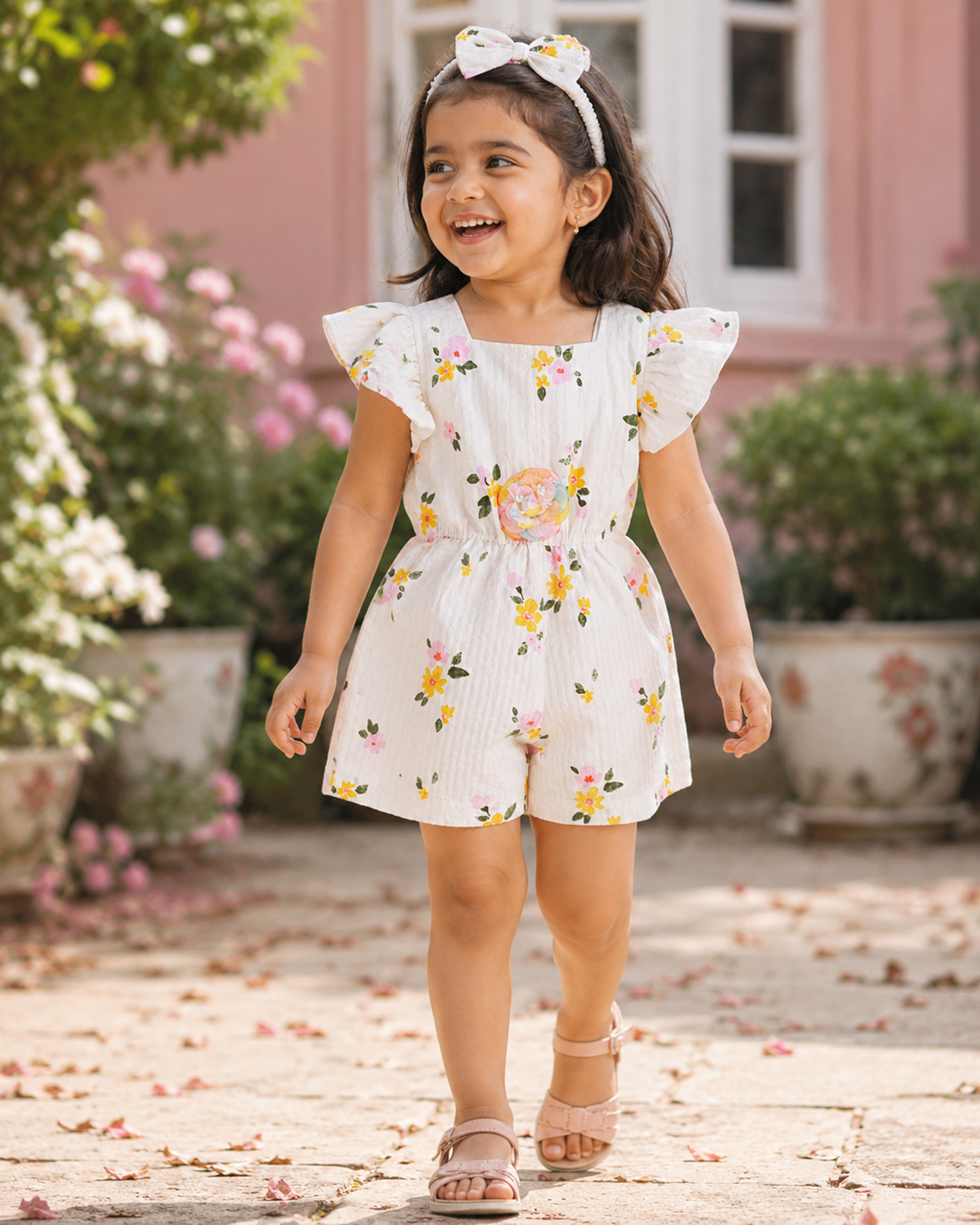 Premium white floral girls romper with bow headband