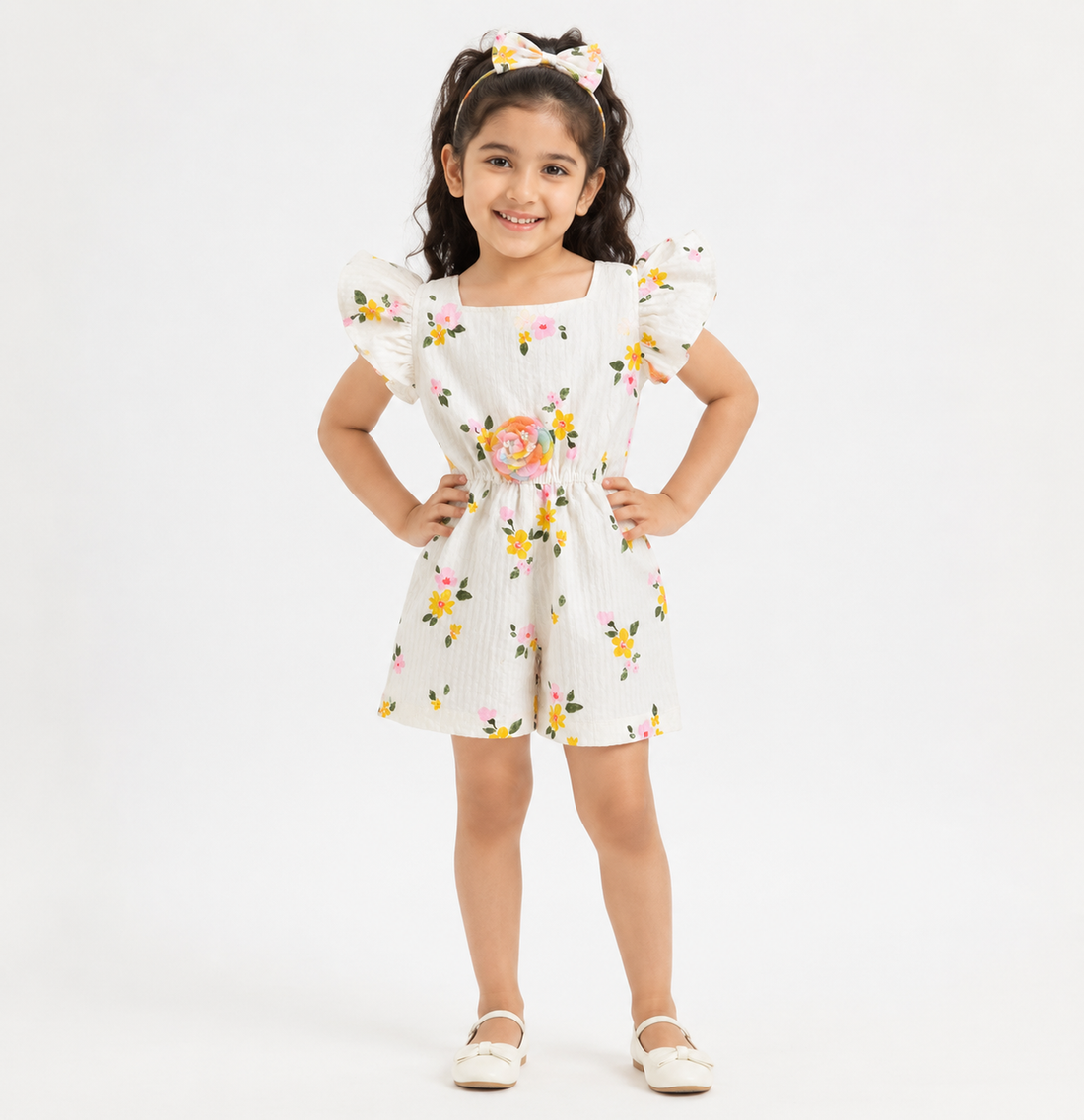 Premium white floral girls romper with bow headband