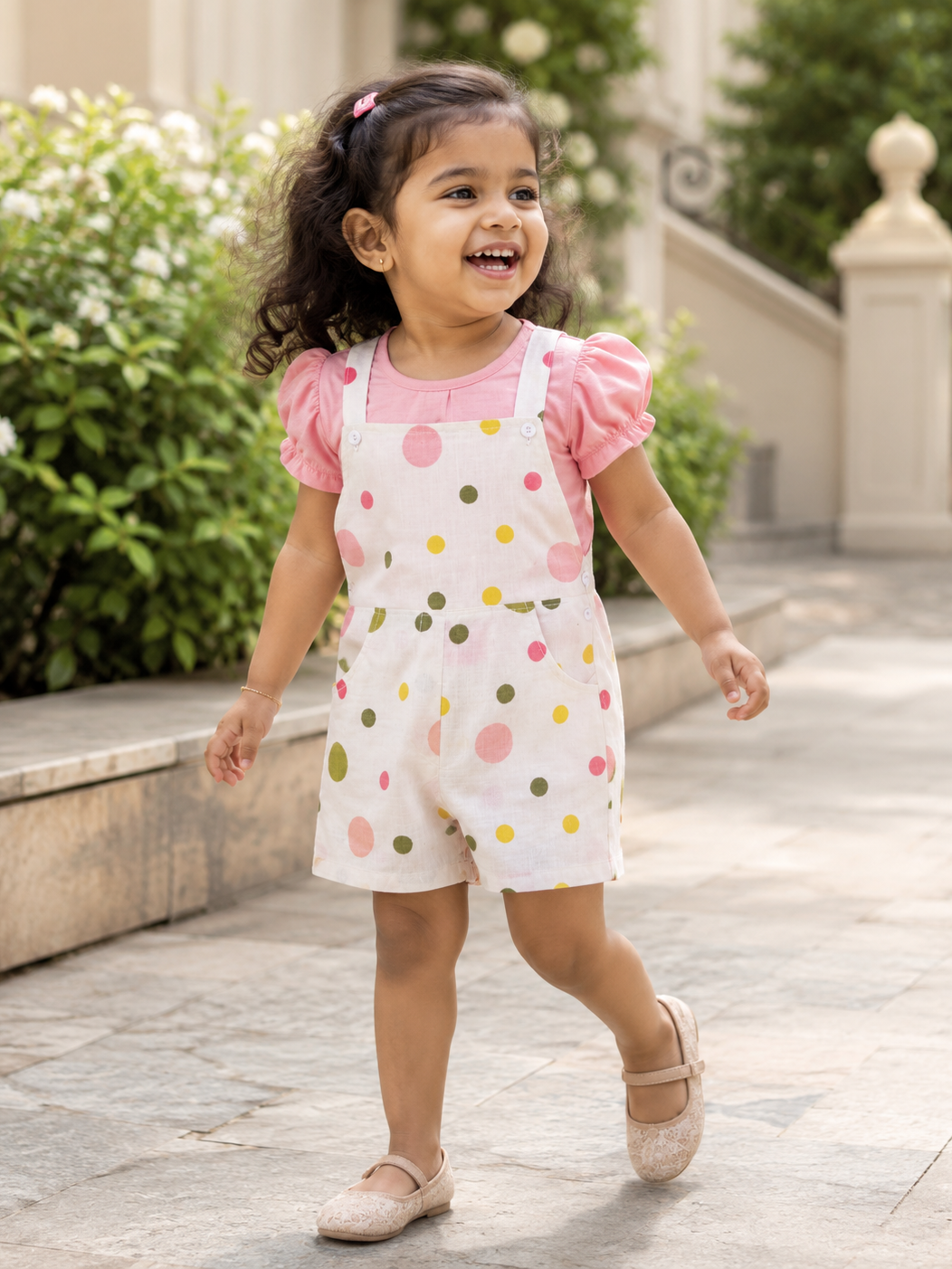 Toddler girl wearing Hopebow peach polka dungaree set