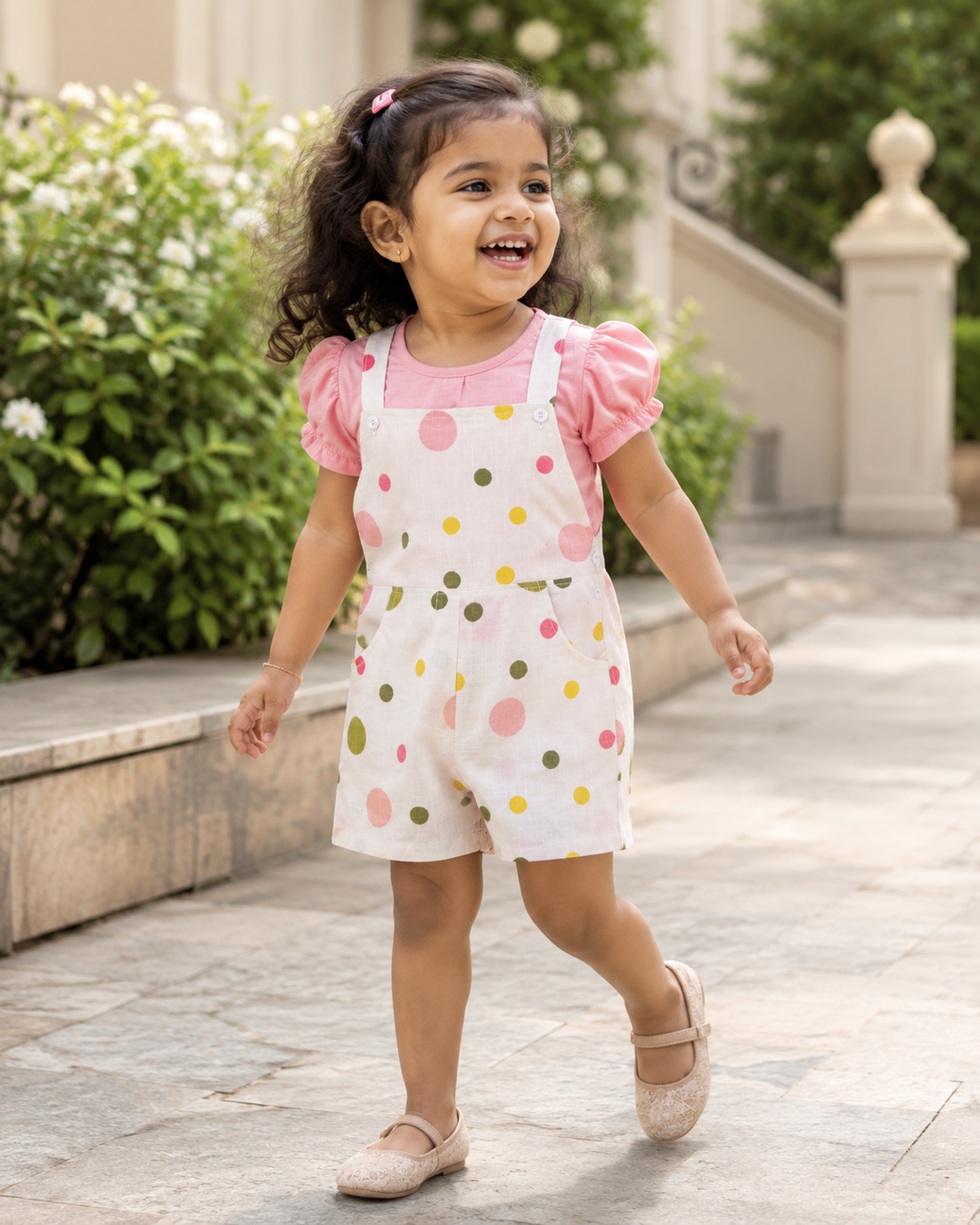 Hopebow Polka Dungaree set with pink ruffle tee for girls