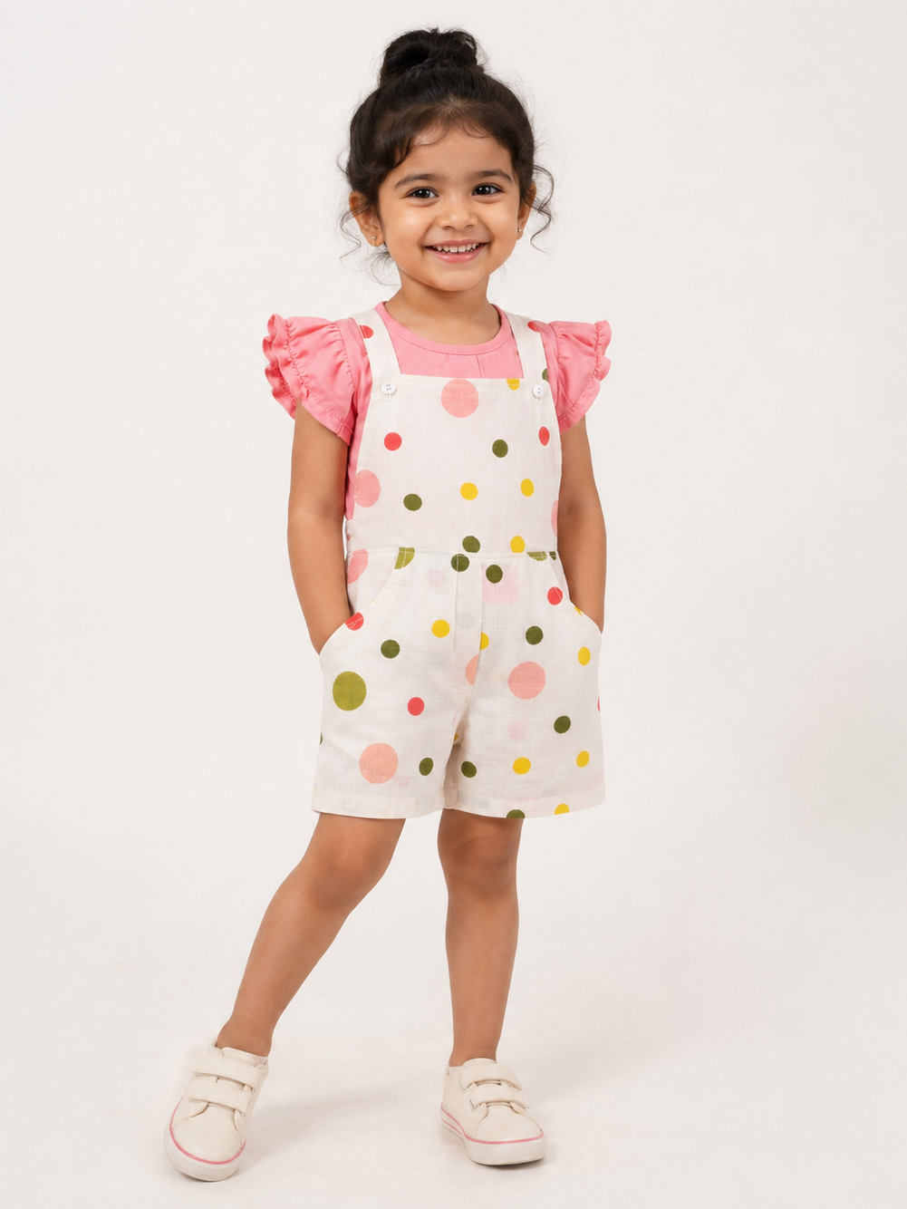 Hopebow Polka Dungaree set with pink ruffle tee for girls