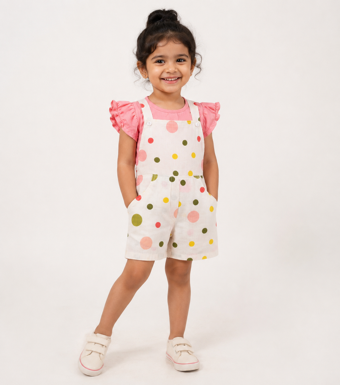 Hopebow Polka Dungaree set with pink ruffle tee for girls