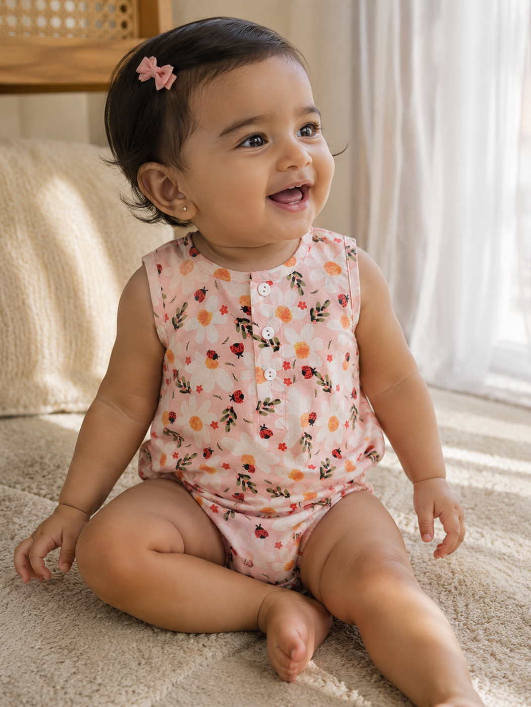 Baby girl wearing Hopebow blush daisy print romper