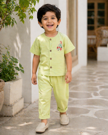 Designer toddler boy shirt pant set in pastel green