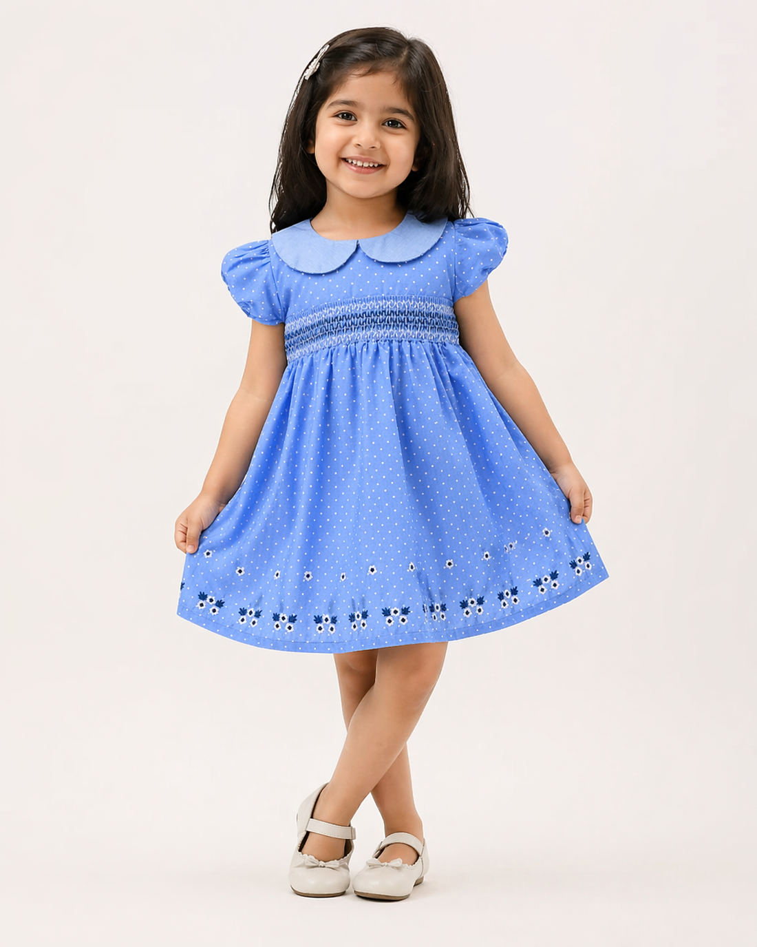 Hopebow Celeste Smocked blue cotton dress with Peter Pan collar