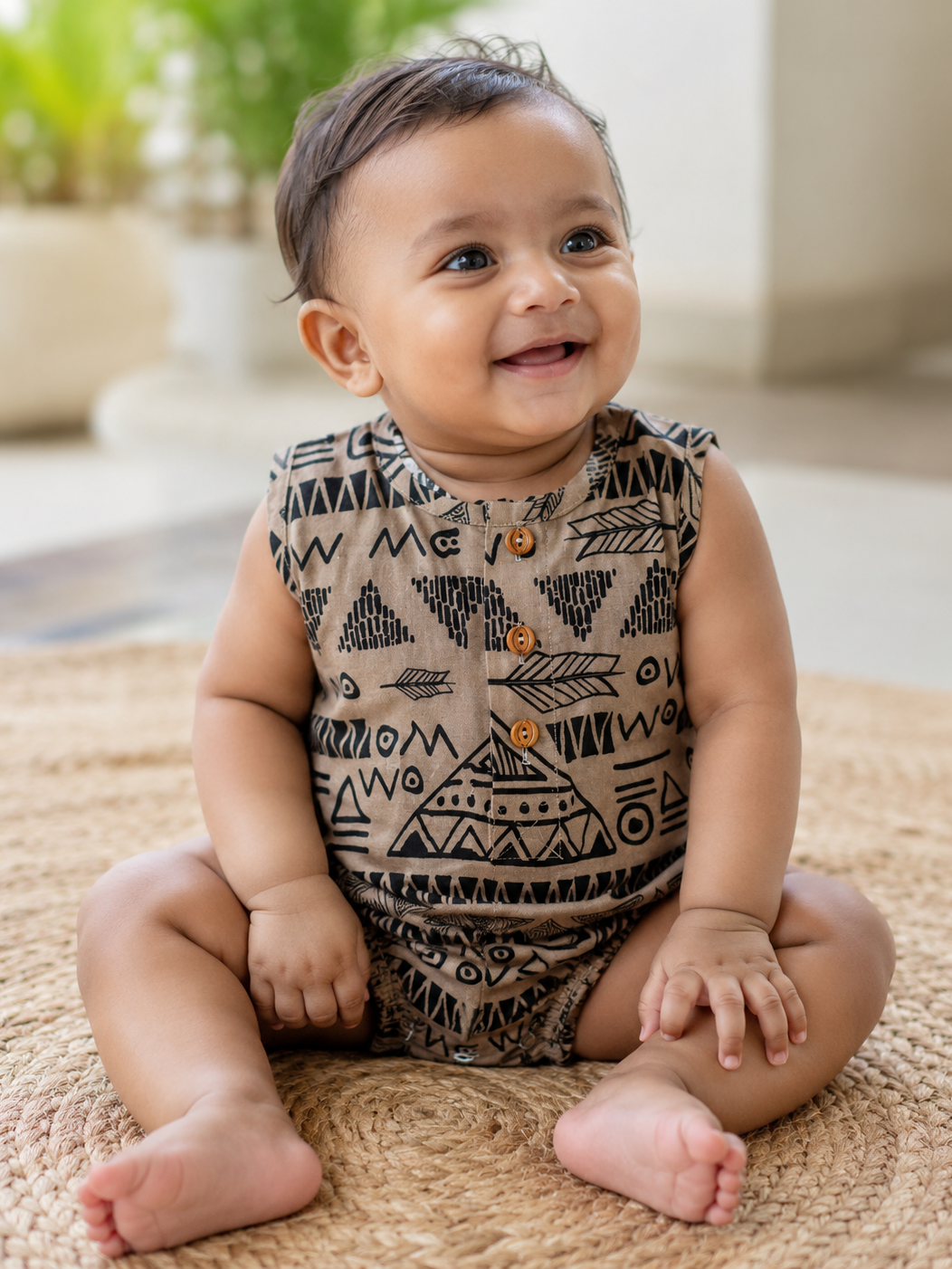 Baby wearing Hopebow earth-toned baby romper