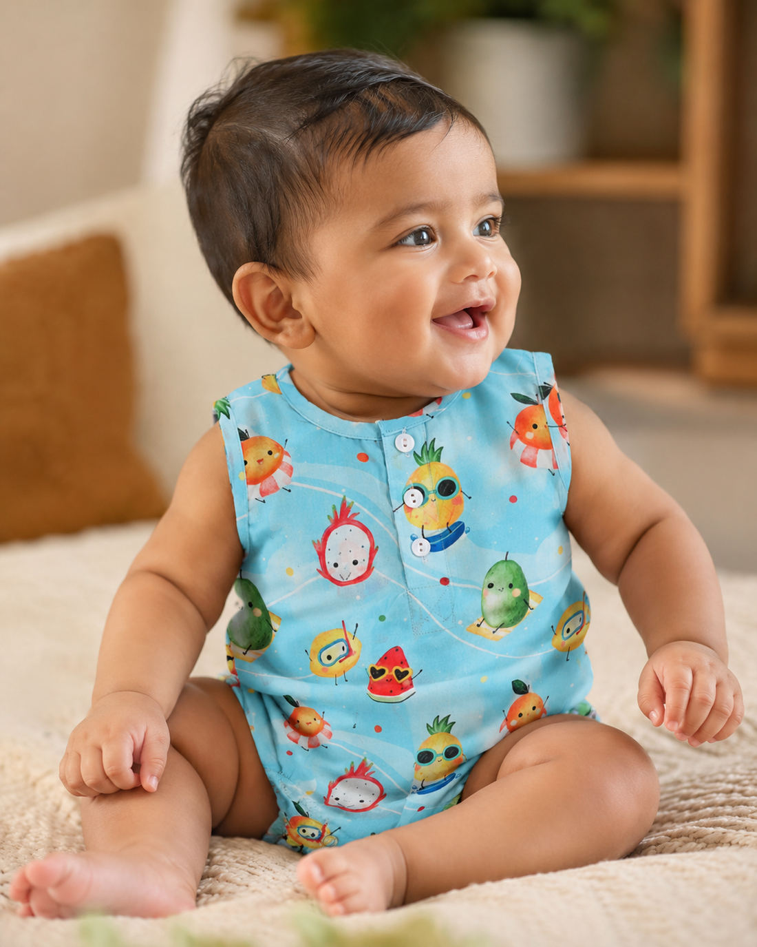 Hopebow Aqua Garden cotton baby romper with fruit print