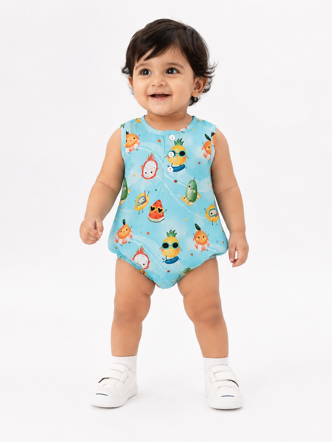 Hopebow Aqua Garden cotton baby romper with fruit print