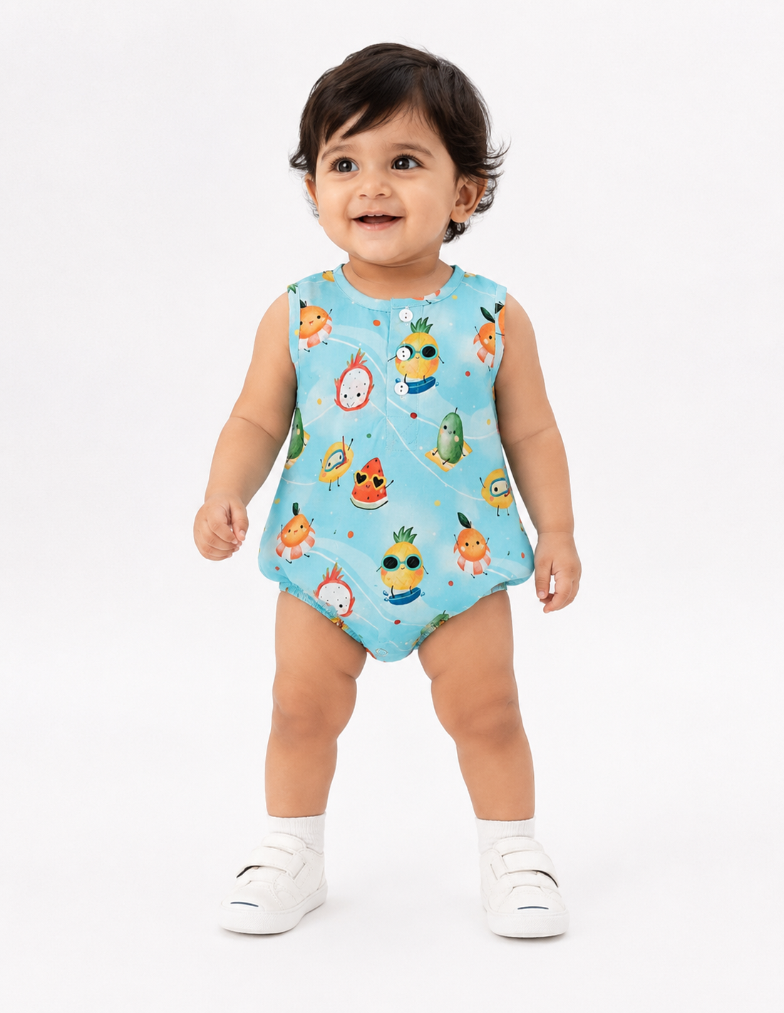 Hopebow Aqua Garden cotton baby romper with fruit print