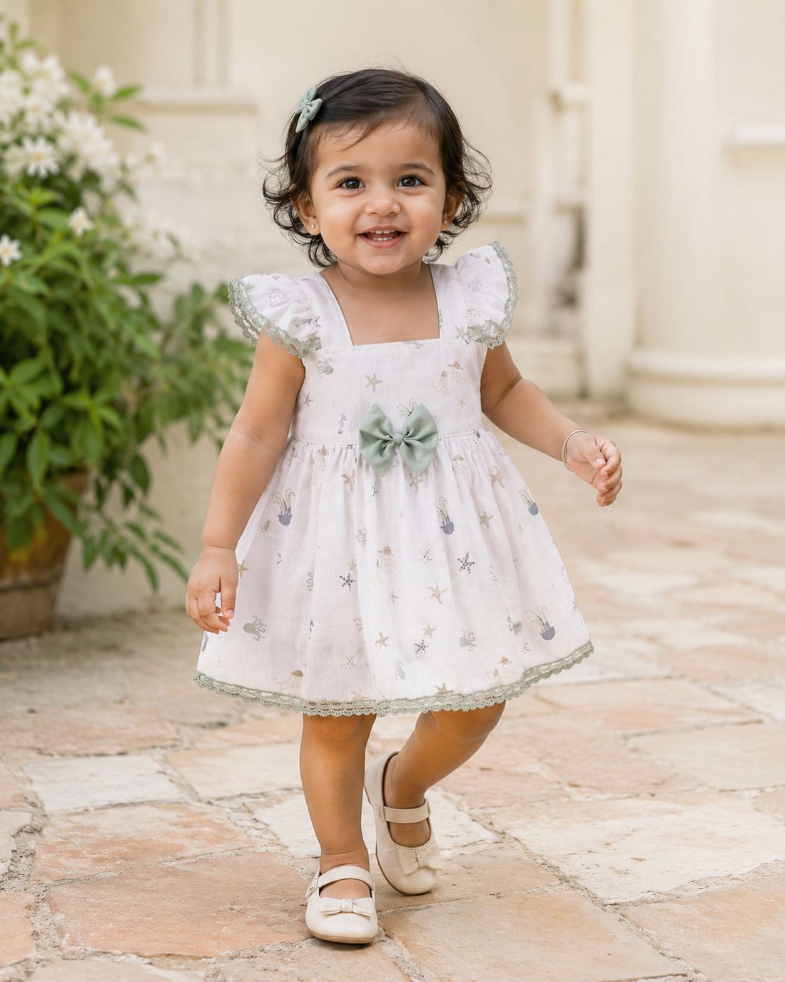 Hopebow Sage Bow ivory cotton baby girl frock