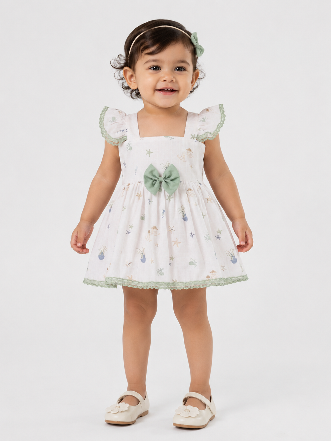 Hopebow Sage Bow ivory cotton baby girl frock