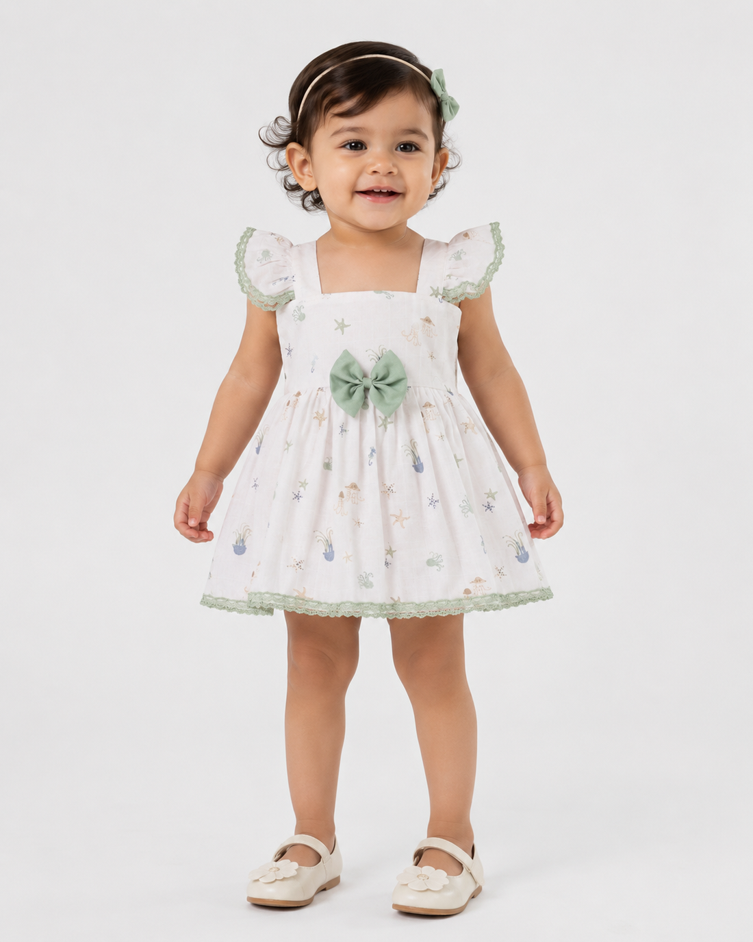 Hopebow Sage Bow ivory cotton baby girl frock