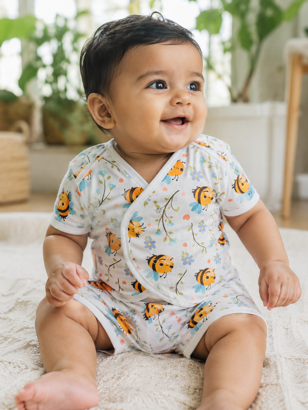 Baby wearing Hopebow bee and bloom print co-ord