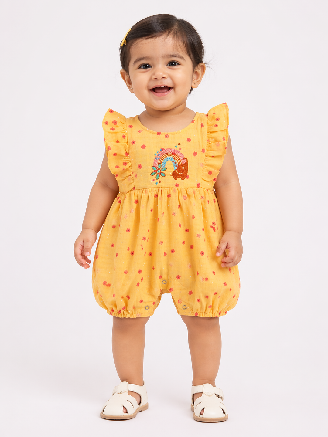 Hopebow Sunshine Bloom yellow baby girl romper with rainbow embroidery