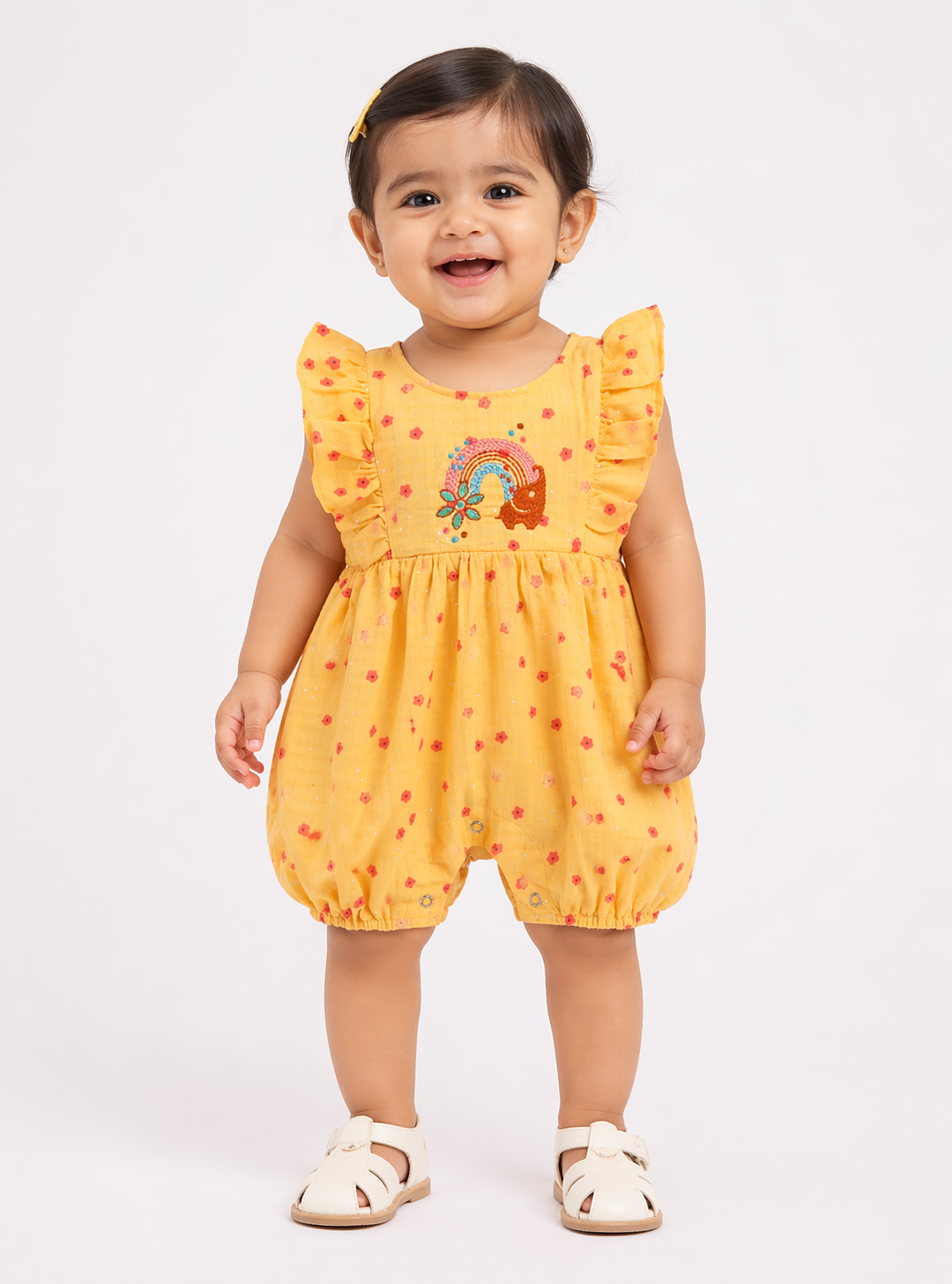 Hopebow Sunshine Bloom yellow baby girl romper with rainbow embroidery