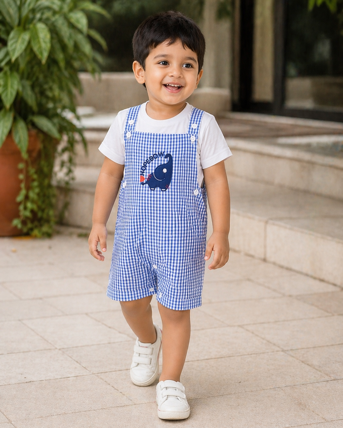 Hopebow Blue Gingham dungaree baby boy set with ivory tee