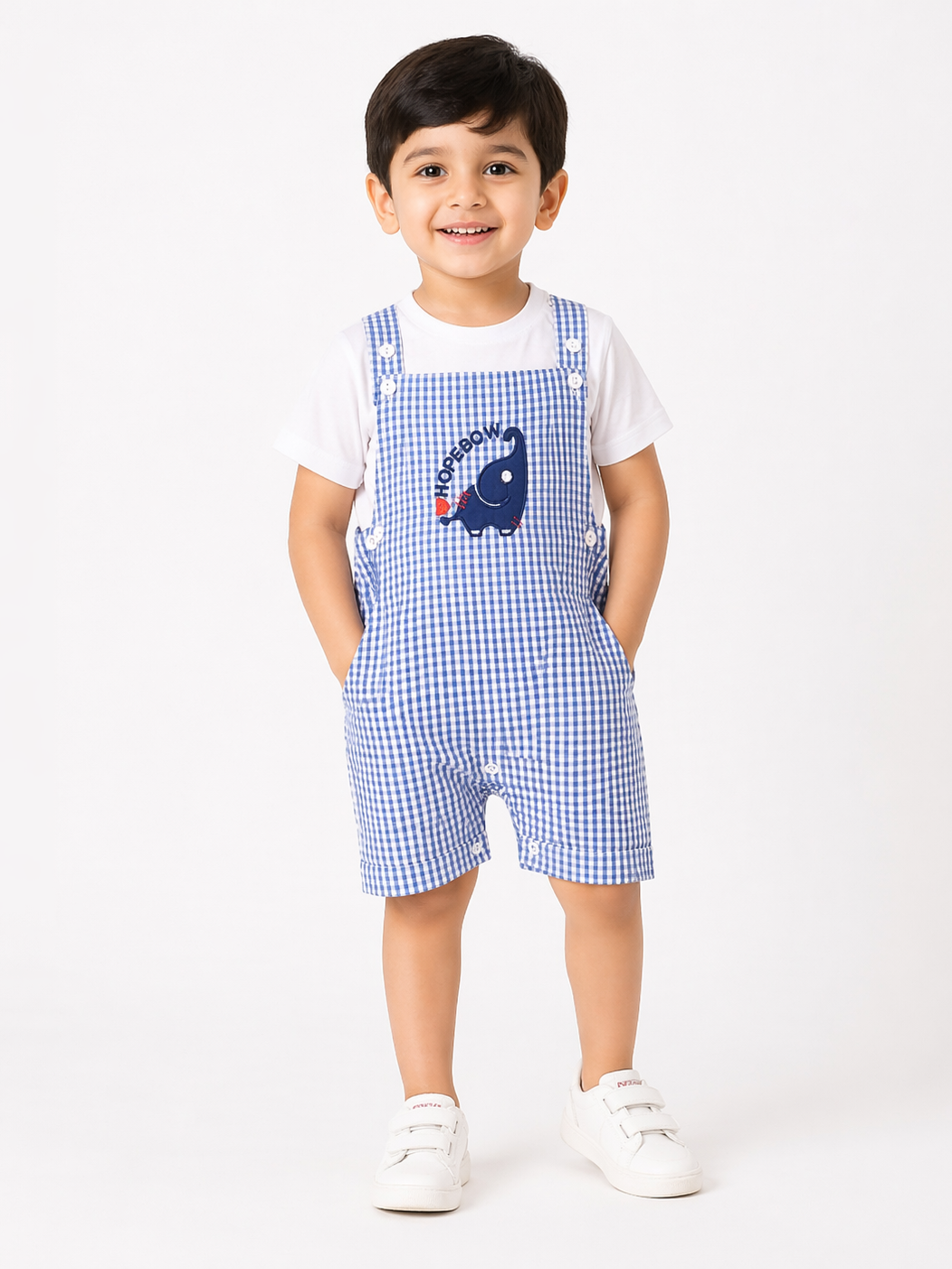 Hopebow Blue Gingham dungaree baby boy set with ivory tee