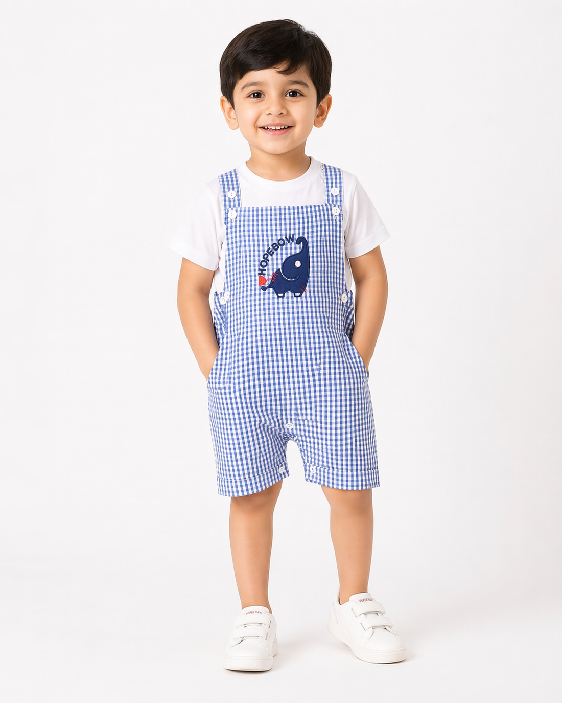 Hopebow Blue Gingham dungaree baby boy set with ivory tee