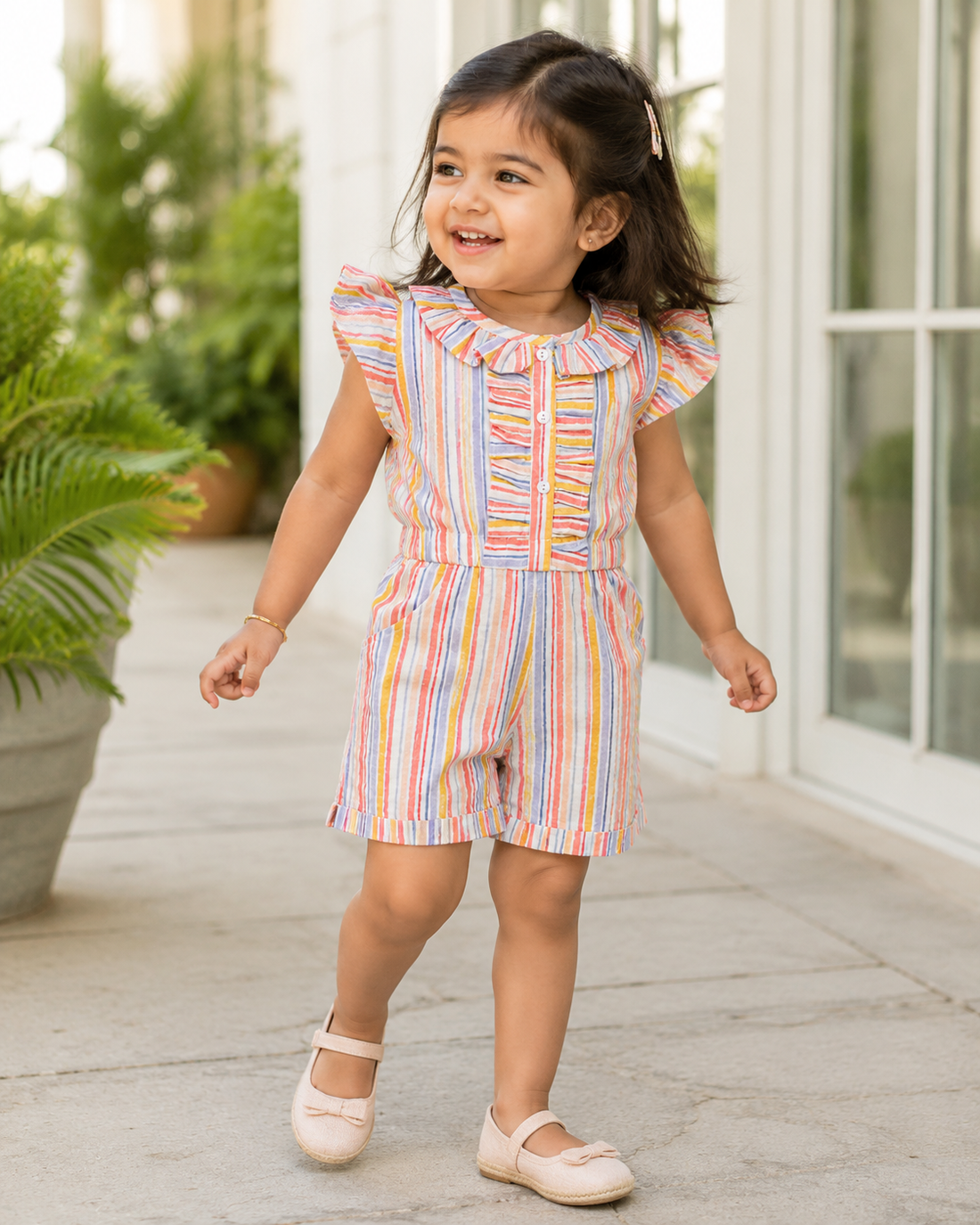 Hopebow Pastel Stripe ruffle cotton girls romper