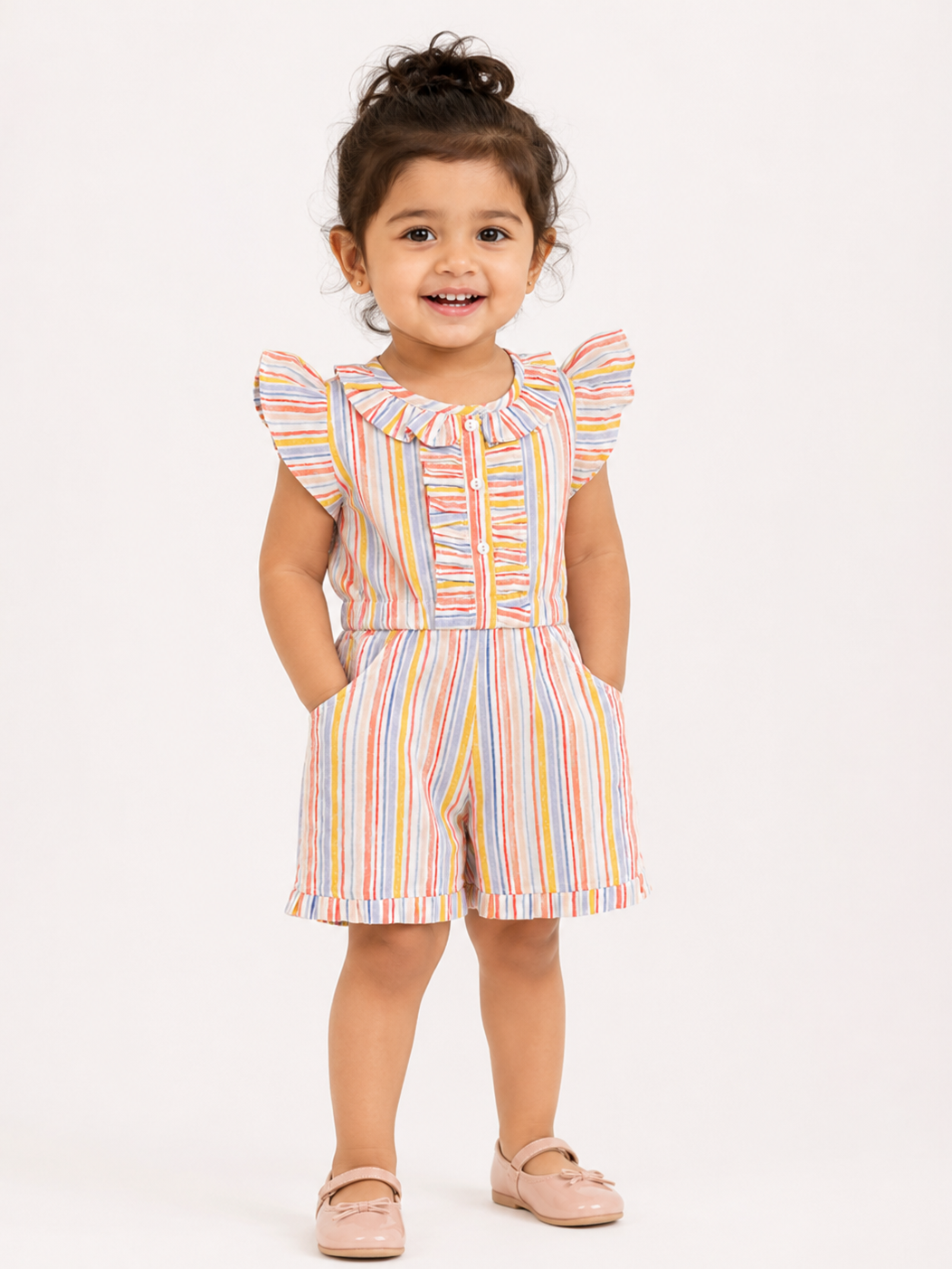 Hopebow Pastel Stripe ruffle cotton girls romper