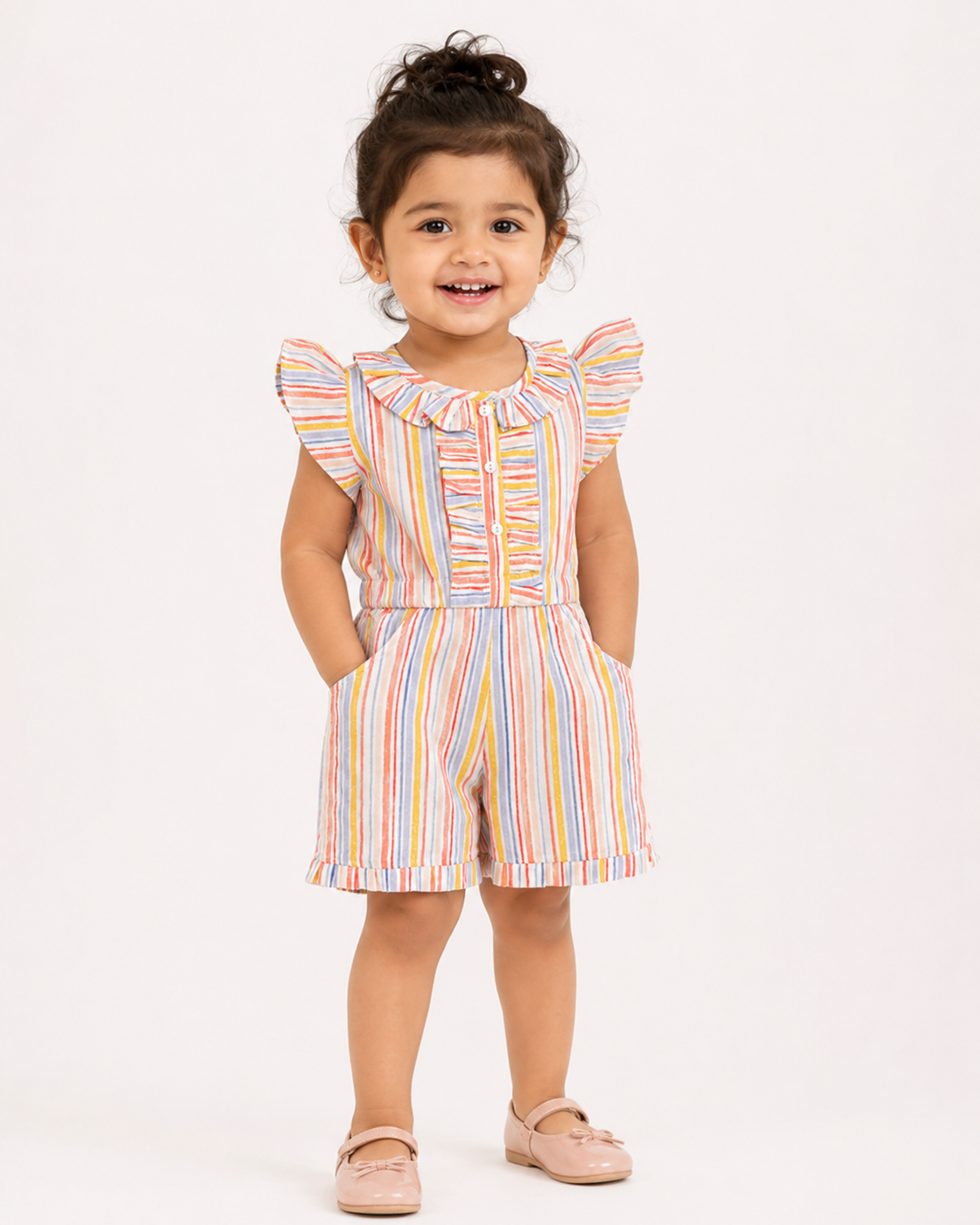 Hopebow Pastel Stripe ruffle cotton girls romper