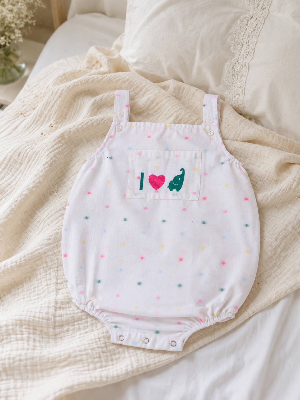 Baby wearing Hopebow pastel dot ivory romper