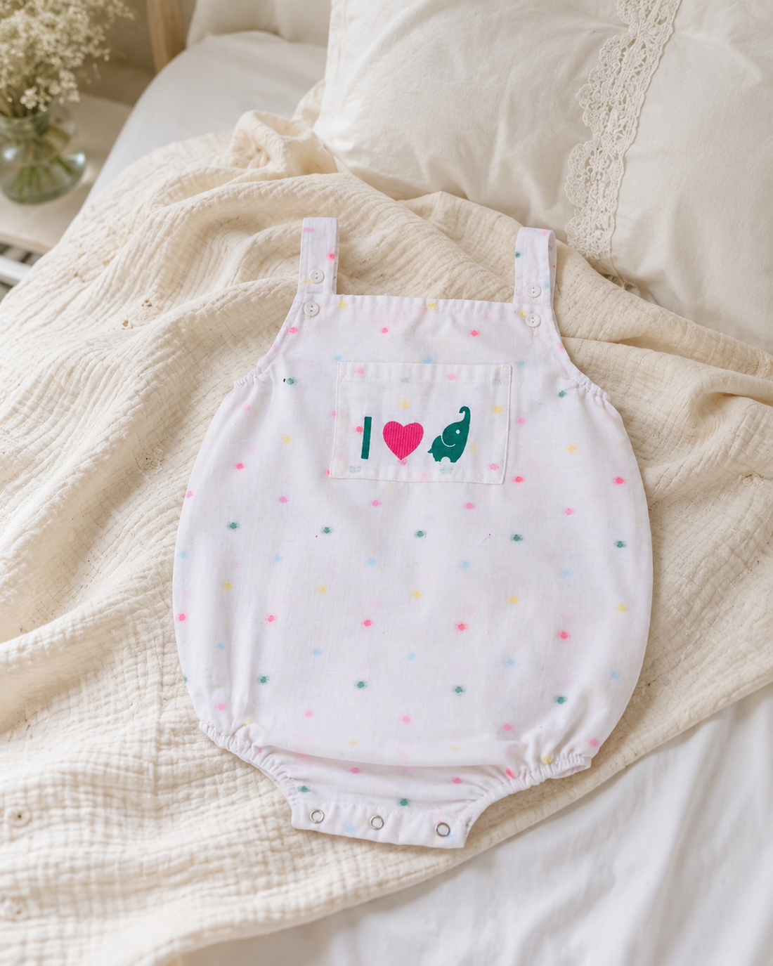 Premium white baby romper with pastel dot print