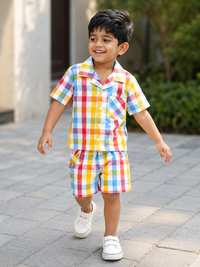 Boy wearing Hopebow multi-pastel check cotton co-ord